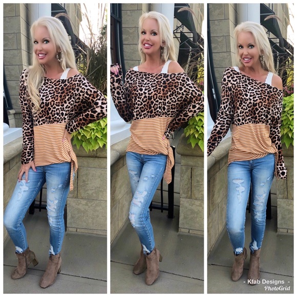 🛍LAST 1! Off Shoulder Cheetah/Stripe Knit Top! - Picture 5 of 7